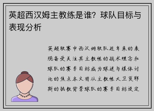 英超西汉姆主教练是谁？球队目标与表现分析
